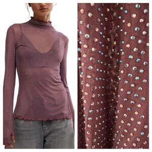 FREE PEOPLE DANCE ALL NIGHT LONG SLEEVE SHEER SEQUIN TOP PLUM MEDIUM